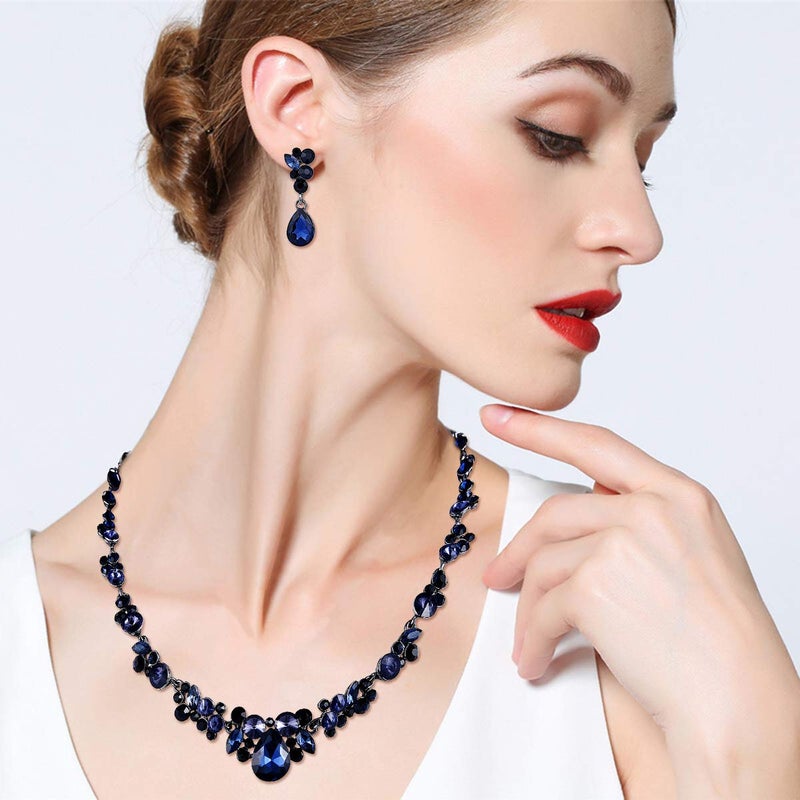 EVER FAITH Women's Austrian Crystal Bridal Floral Teardrop Necklace Earrings Set Dark Blue Black-Tone 20.2'' - Image 4